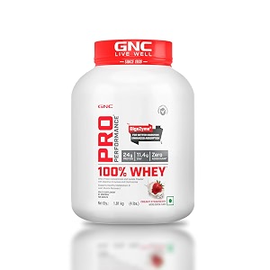 gnc pro performance 100 whey protein  4 lbs  muscle growth  muscle recovery  digezyme for easy digestion  informed choice certified  24g protein  55g bcaa  creamy strawberry