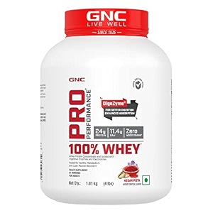 gnc pro performance 100 whey protein powder  35 gm  1 serving  boosts strength amp endurance  builds lean muscles  fastens muscle recovery  24g protein  55g bcaa  kesar pista