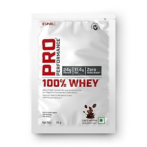 gnc pro performance 100 whey protein powder  35 gm  1 serving  boosts strength amp endurance  builds lean muscles  fastens muscle recovery  24g protein  55g bcaa  caf mocha