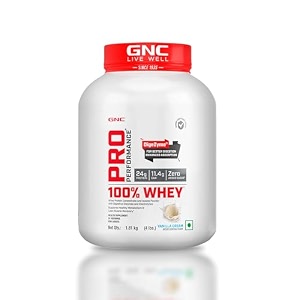 gnc pro performance 100 whey protein  4 lbs  muscle growth  muscle recovery  digezyme for easy digestion  informed choice certified  24g protein  55g bcaa  vanilla cream