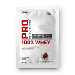 gnc pro performance 100 whey protein powder  35 gm  1 serving  boosts strength amp endurance  builds lean muscles  fastens muscle recovery  24g protein  55g bcaa  creamy strawberry