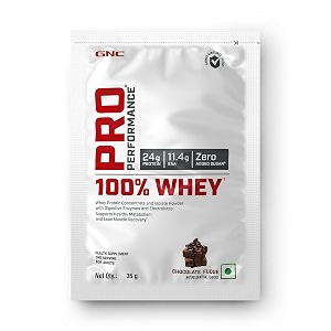 gnc pro performance 100 whey protein powder  35 gm  1 serving  boosts strength amp endurance  builds lean muscles  fastens muscle recovery  24g protein  55g bcaa  chocolate fudge