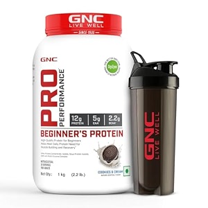 gnc pro performance beginner39s protein  1 kg 22 lbs  cookies amp cream  pure whey protein  digezyme for better absorption muscle building amp recovery  with 5 g eaa amp 22 g bcaa  imported