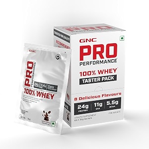 gnc pro performance 100 whey protein powder pack of 8 flavors  24g protein 55g bcaa 35g sachets x 8 usa formulated informed choice certified