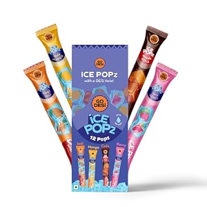 go desi ice popz  12-pack assorted 4 flavours fruit ice popsicles  masala cola mango very berry tangy imli flavors  70ml each