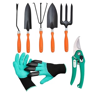 go hooked garden tools set  home gardening kit  garden gloves  pruner cutter  cultivator  fork  shovel  trowel  weeder gardening kit pack of 7 pcs  gardening tools kit for home garden
