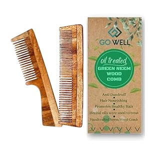go well oil treated kacchi neem wooden comb for man or women multiaction neem comb for hair growth suited for all hair types wooden comb for detangling frizz control amp shinedual-handle comb
