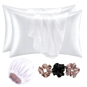 go well satin bonnet for curly hair with free silk satin pillow covers and scrunchies  silk bonnet for hairbest gift combo of pack of 2 satin pillowcases with 3 silk scrunchies haircap white
