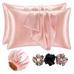 go well satin bonnet for curly hair with free silk satin pillow covers and scrunchies  silk bonnet for hairbest gift combo of pack of 2 satin pillowcases with 3 silk scrunchies haircap peach
