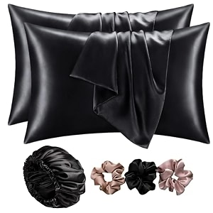 go well satin bonnet for curly hair with free satin pillow covers and scrunchies  combo of pack of 2 satin pillowcases with 3 adjustable haircaps black