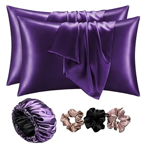 go well satin bonnet for curly hair with free silk satin pillow covers and scrunchies  silk bonnet for hairbest gift combo of pack of 2 satin pillowcases with 3 silk scrunchies dark pink