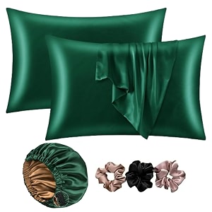 go well satin bonnet for curly hair with free silk satin pillow covers and scrunchies  silk bonnet for hairbest gift combo of pack of 2 satin pillowcases with 3 silk scrunchies haircap green
