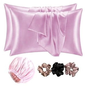 go well satin bonnet for curly hair with free silk satin pillow covers and scrunchies  silk bonnet for hairbest gift combo of pack of 2 satin pillowcases with 3 silk haircap pink