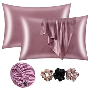 go well satin bonnet for curly hair with free silk pillow covers and scrunchies  silk bonnet for hair  combo of pack of 2 satin pillowcases with 3 silk scrunchies adjustable haircap rose gold