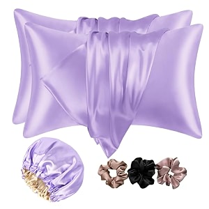 go well satin bonnet for curly hair with free silk satin pillow covers and scrunchies  silk bonnet for hairbest gift combo of pack of 2 satin pillowcases with 3 silk scrunchies haircap purple