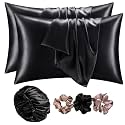 Go Well Satin Bonnet for Curly Hair with Free Satin Pillow Covers and Scrunchies | Combo of Pack of 2 Satin Pillowcases with 3 Adjustable HairCaps (Black)