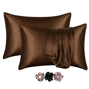 go well satin silk pillow covers pack of 2 for hair and skin-with satin scrunchies for women stylishsatin pillow cover for hair and skinscrunchies for women 3-piecesilk pillow casecoffee 600tc