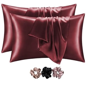 go well satin silk pillow covers pack of 2 for hair and skin-with satin scrunchies for women stylishsatin pillow cover for hair and skinscrunchies for women 3-piecesilk pillow casemaroon 600tc