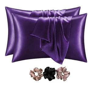 go well solid satin silk pillow covers pack of 2 for hair and skin-with satin scrunchies for women stylishsatin pillow coverscrunchies for women 3-piecesilk pillow casedarkpurple 600tc