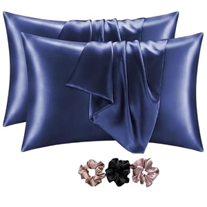go well solid satin silk pillow covers pack of 2 for hair and skin-with satin scrunchies for womensatin pillow cover for hair and skinscrunchies for women 3-piecesilk pillow casenevyblue 600tc