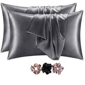 go well solid satin silk pillow covers pack of 2 for hair and skin-with satin scrunchies for womensatin pillow coer for hair and skin scrunchies for women 3-piecesilk pillow case grey 600 tc