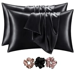 go well satin silk pillow covers pack of 2 for hair and skin-with satin scrunchies for women stylishsatin pillow cover for hair and skinscrunchies for women 3-piecesilk pillow caseblack 600tc