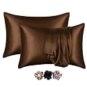 Go well Satin Silk Pillow Covers Pack of 2 for Hair and Skin-with Satin Scrunchies for Women Stylish|Satin Pillow Cover for Hair and Skin|scrunchies for Women 3-Piece|Silk Pillow case(Coffee) 600TC