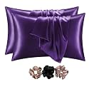 GO WELL solid Satin Silk Pillow Covers Pack of 2 for Hair and Skin-with Satin Scrunchies for Women Stylish|Satin Pillow Cover|scrunchies for Women 3-Piece|Silk Pillow case(Darkpurple) 600TC