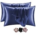 GO WELL solid Satin Silk Pillow Covers Pack of 2 for Hair and Skin-with Satin Scrunchies for Women|Satin Pillow Cover for Hair and Skin|scrunchies for Women 3-Piece|Silk Pillow case(Nevyblue) 600TC