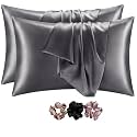 GO WELL solid Satin Silk Pillow Covers Pack of 2 for Hair and Skin-with Satin Scrunchies for Women|Satin Pillow coer for Hair and Skin |scrunchies for Women 3-Piece|Silk Pillow case (Grey) 600 TC