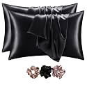 Go well Satin Silk Pillow Covers Pack of 2 for Hair and Skin-with Satin Scrunchies for Women Stylish|Satin Pillow Cover for Hair and Skin|scrunchies for Women 3-Piece|Silk Pillow case(Black) 600TC