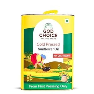 god choice organic farms - cold pressed sunflower oil 5 litre wood pressed kachi ghani  first pressed  minimally processed  lab-tested  unrefined amp non-gmo  rich in vitamin e  edible oil for cooking frying tadka amp heart health tin