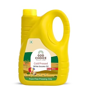 god choice organic farms - cold pressed white sesame oil 5 l  wood pressed kachi ghani  first pressed  minimally processed  lab-tested  unrefined amp non-gmo  kolhukacchi ghanichekkuganuga  with multipurpose usage hdpe- pet jar