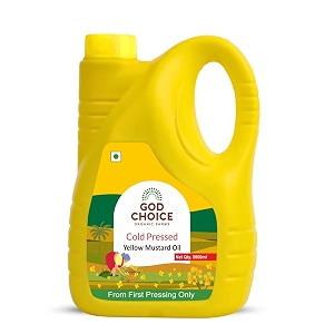 god choice organic farms - cold pressed yellow mustard oilsarso ka tel 5 litre  wood pressed kachi ghani   minimally processed  lab-tested  unrefined amp non-gmo  rich in vitamin e  edible oil for cooking hair growth skin massage amp pickle making hdpe - pet jar