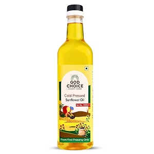 god choice organic farms - cold pressed sunflower oil 1 litre  wood pressed kachi ghani  first pressed  minimally processed  lab-tested  unrefined amp non-gmo  rich in vitamin e  edible oil for cooking frying tadka amp heart health pet bottle