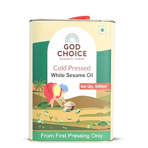 god choice organic farms - cold pressed white sesame oil 5 litre  wood pressed kachi ghani  first pressed  minimally processed  lab-tested  unrefined amp non-gmo  kolhukacchi ghanichekkuganuga  with multipurpose usage tin