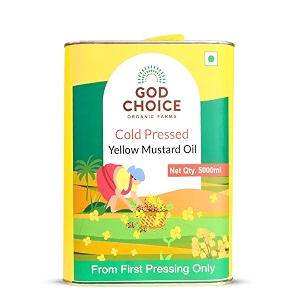 god choice organic farms - cold pressed yellow mustard oilsarso ka tel 5 litre  wood pressed kachi ghani   minimally processed  lab-tested  unrefined amp non-gmo  rich in vitamin e  edible oil for cooking hair growth skin massage amp pickle making