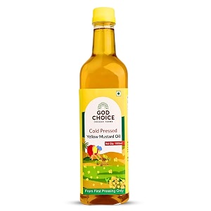 god choice organic farms - cold pressed yellow mustard oilsarso ka tel 1 litre wood pressed kachi ghani  first pressed  minimally processed  lab-tested  unrefined amp non-gmo  rich in vitamin e  edible oil for cooking hair growth skin massage amp pickle making pet bottle