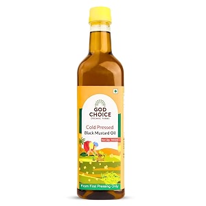 god choice organic farms - cold pressed black mustard oilsarso ka tel 1 litre wood pressed kachi ghani  first pressed  minimally processed  lab-tested  unrefined amp non-gmo  rich in vitamin e  edible oil for cooking hair growth skin massage amp pickle making pet bottle