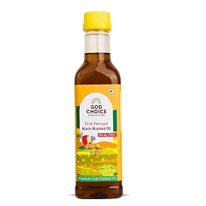 god choice organic farms - premium cold pressed black mustard oilsarso ka tel 500ml  wood pressed kachi ghani  first pressed  minimally processed  lab-tested  unrefined amp non-gmo  rich in vitamin e  edible oil for cooking hair growth skin massage amp pickle making pet bottle
