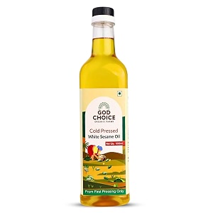 god choice organic farms - cold pressed white sesame oil 1 litre  wood pressed kachi ghani  first pressed  minimally processed  lab-tested  unrefined amp non-gmo  kolhukacchi ghanichekkuganuga  with multipurpose usage pet bottle