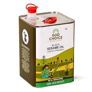 god choice organic farms organic black sesame oil 5 litre gingelly oil  100 cold pressed certified organic made in small batches single filtered additive freepreservative freelab tested  kolhukacchi ghanichekkuganuga  with multipurpose usage tin