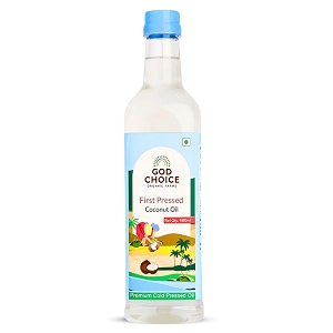 god choice organic farms - first pressed coconut oil 500 ml  wood pressed kachi ghani  premium cold pressed  minimally processed  lab-tested  unrefined amp non-gmo  natural nariyal tel  a1 grade coconuts  edible oil for cooking hair growth skin massage