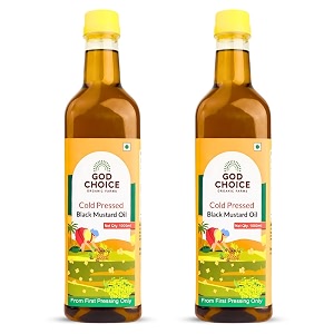god choice organic farms - cold pressed black mustard oilsarso ka tel 2 litre  wood pressed kachi ghani  first pressed  minimally processed  lab-tested  unrefined amp non-gmo  rich in vitamin e  edible oil for cooking hair growth skin massage amp pickle making pet bottle each 1 litre pack-2