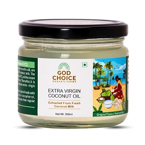 god choice organic farms  pure extra virgin coconut oil 300 ml  extracted from coconut milk  cold extraction process  best for cooking baby massage and hair use
