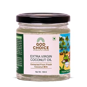 god choice organic farms  pure extra virgin coconut oil 150 ml  cold extraction process  natural nariyal tel  best for cooking baby massage and hair use