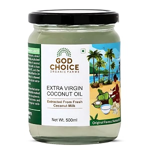 god choice organic farms  pure extra virgin coconut oil 500 ml  cold extraction process  natural nariyal tel  best for cooking baby massage and hair use