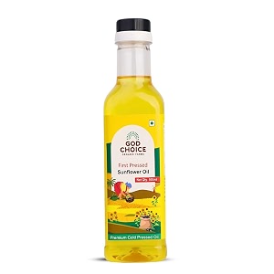 god choice organic first pressed sunflower oil 500ml wood pressed kachi ghani  premium cold pressed  minimally processed  lab-tested  unrefined amp non-gmo  rich in vitamin e  edible oil for cooking frying tadka amp heart health