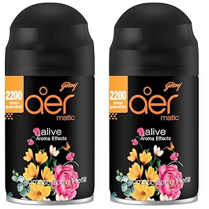 godrej aer matic refill - automatic room fresheners  alive  2200 sprays guaranteed  lasts up to 60 days 225ml pack of 2