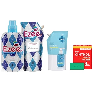 godrej ezee liquid detergent - winterwear no soda formula 2kgs amp inal bath soap - 100g pack of 4 amp kt germ fighter handwash refill pack  aqua  germ protection amp soft on hands - 725ml